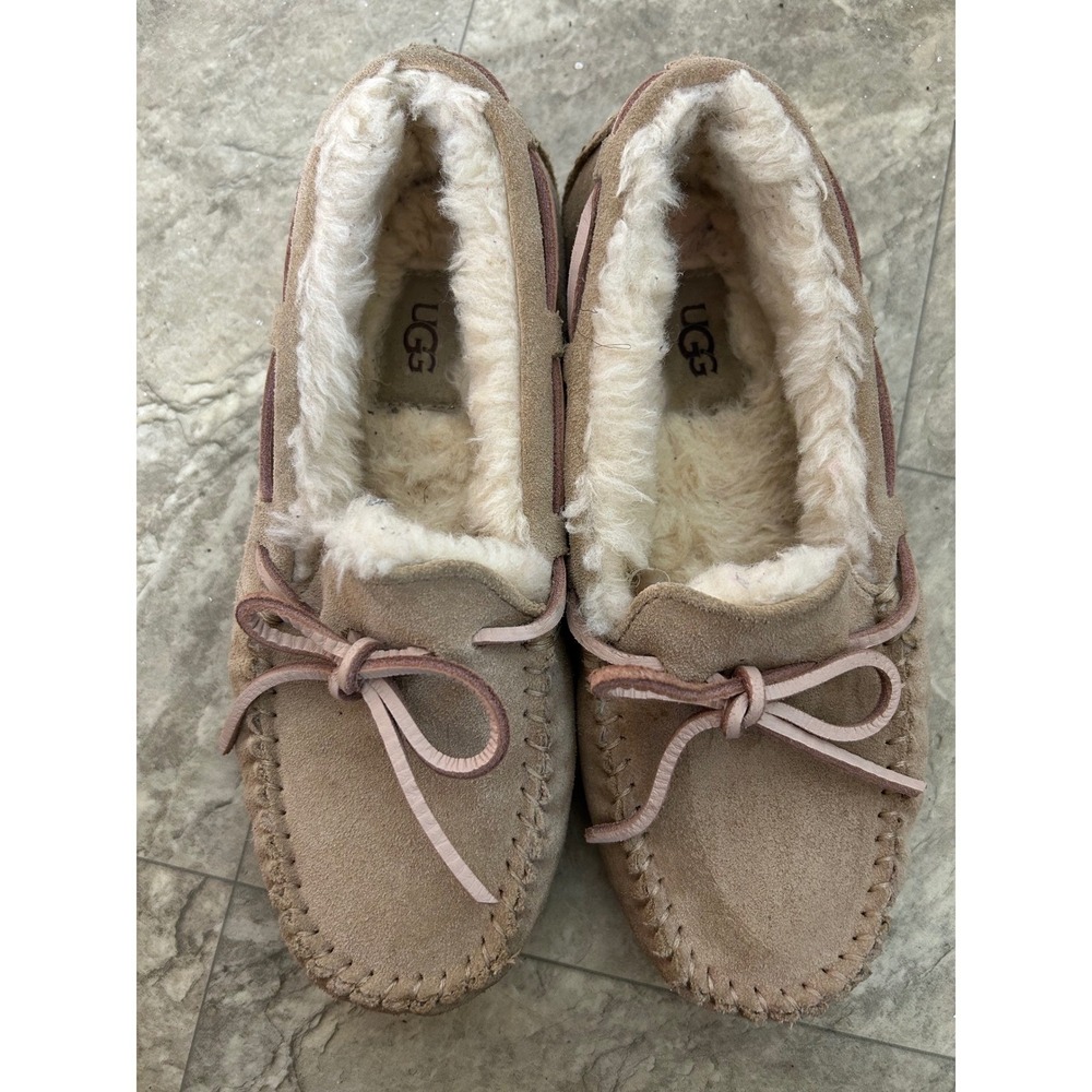 y2k UGG Australia Sheepskin Lined Moccasin Slippers Tan Pink Bow Size 5 - Picture 7 of 8